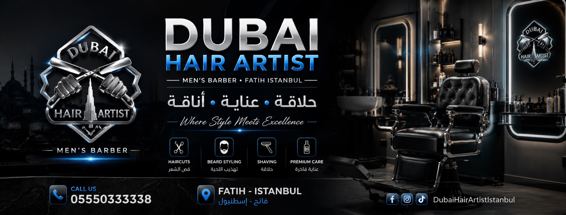 Dubai Hair Artist branded banner with services and contact details