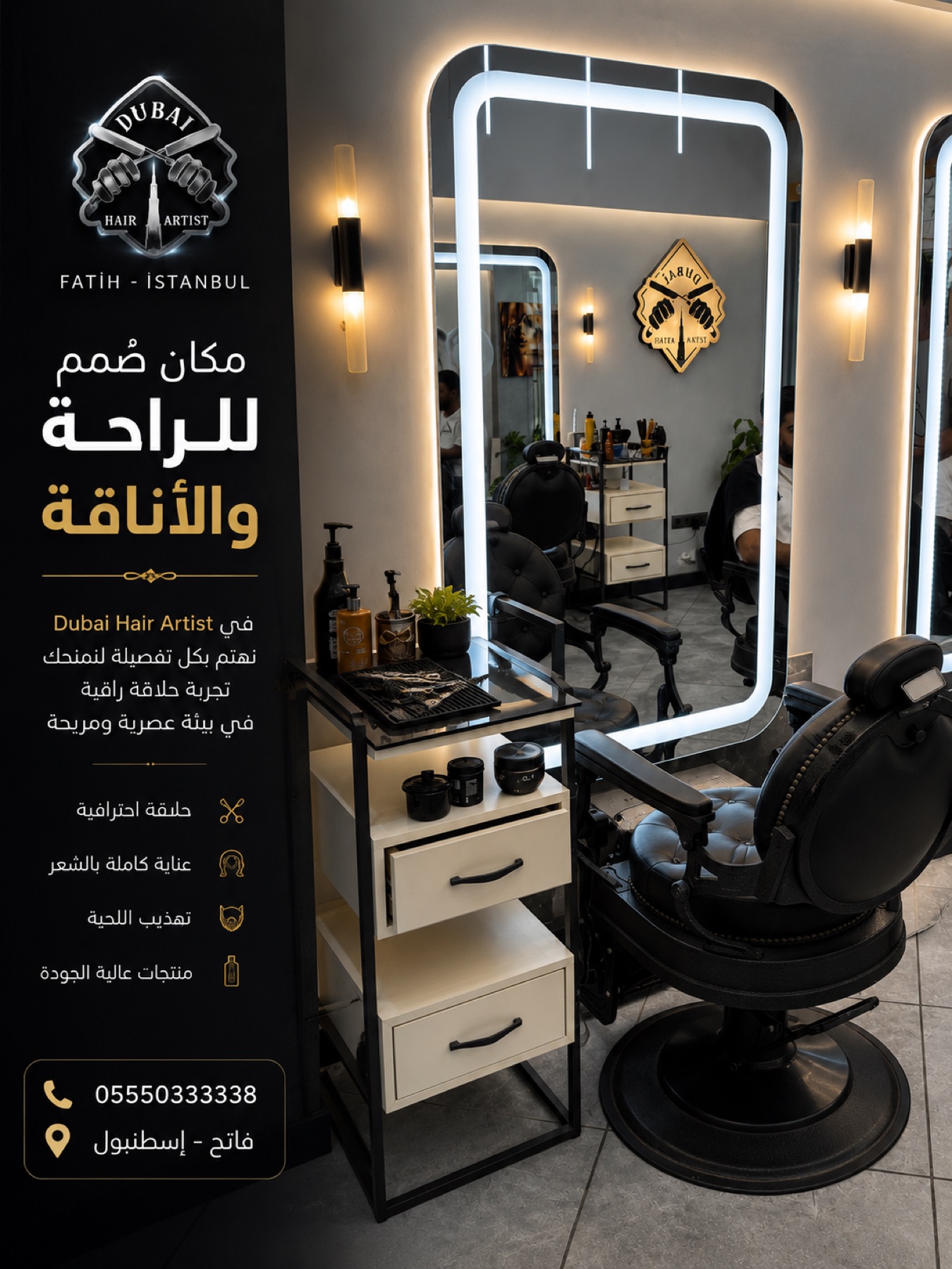 Dubai Hair Artist barber chair and grooming services poster